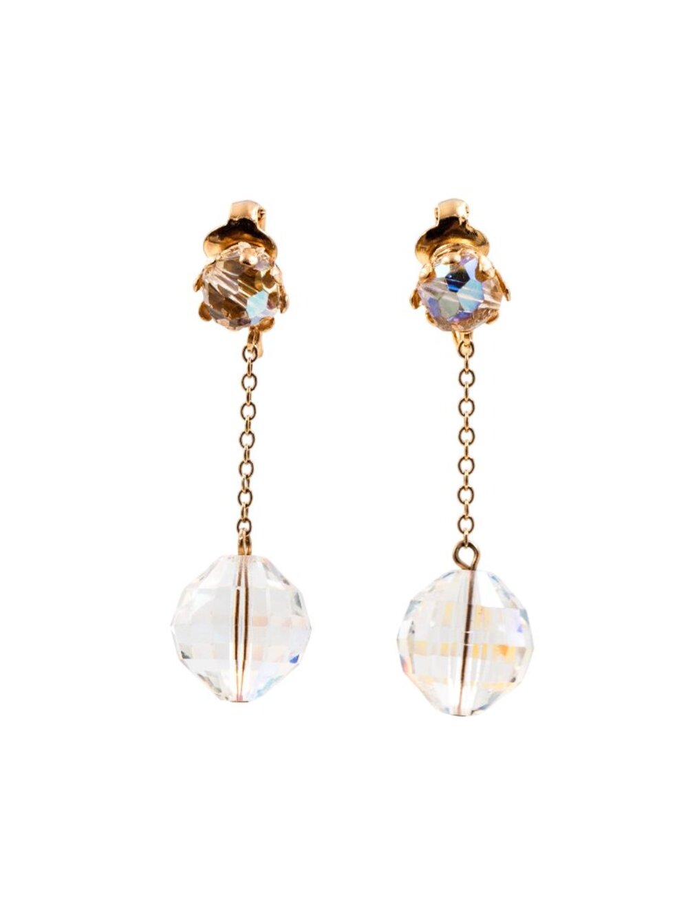 Vintage Faceted Aurora Borealis Crystal Gold Plated 2 Inch Drop Clip On Earrings